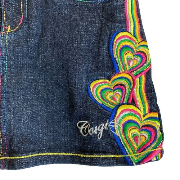 Coogi Girls Heart Embroidered Denim Skirt Skort Dark Wash Rainbow Colors Sz 6X - Picture 4 of 16